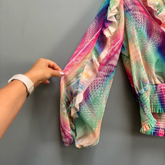 Le Superbe Good Vibrations Print Ruffle Blouse M - Picture 9 of 12